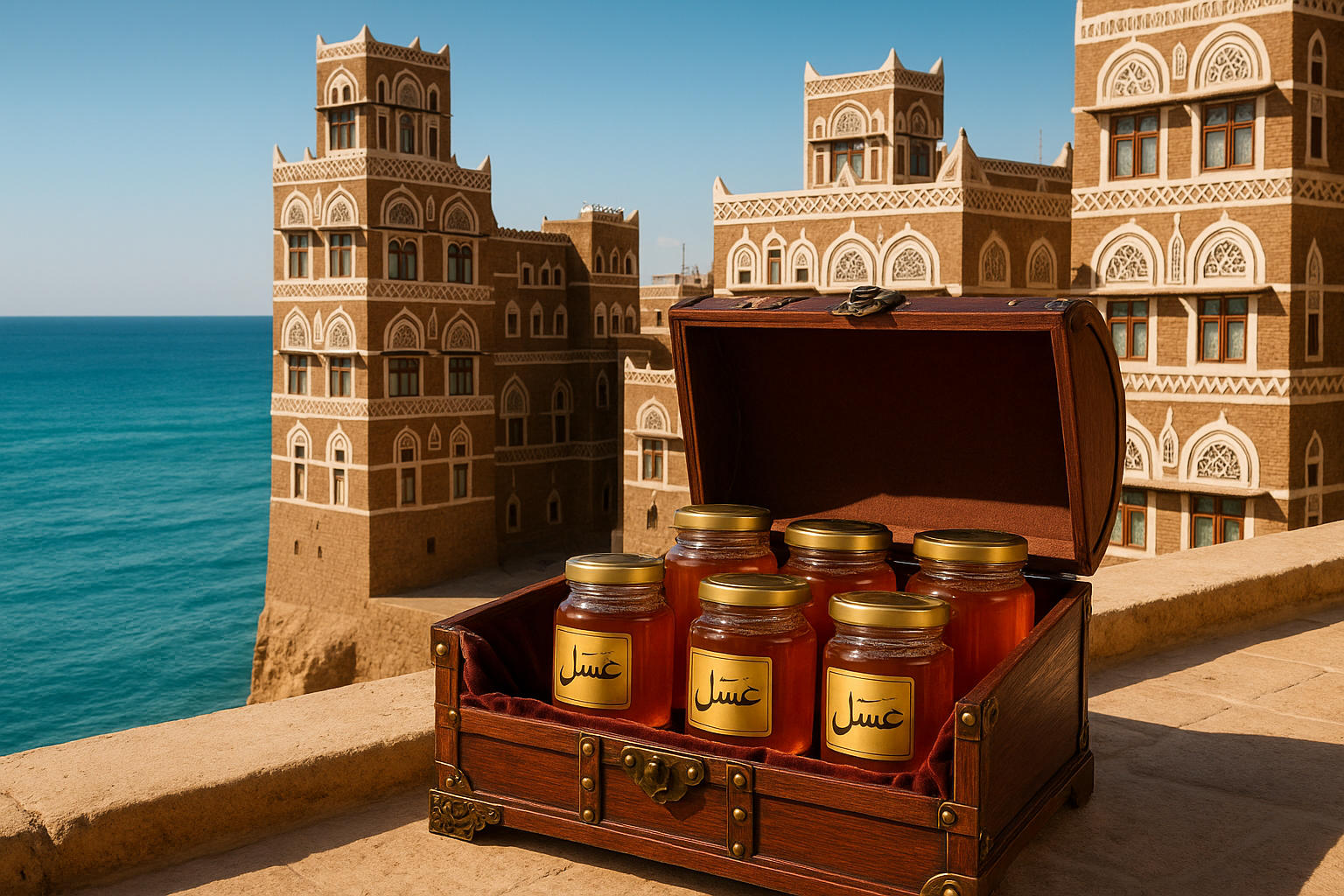 اكتب عسل بوضوح واجعل المباني تشبه صنعاء القديمه لاكن مطله على بحر حضرموت