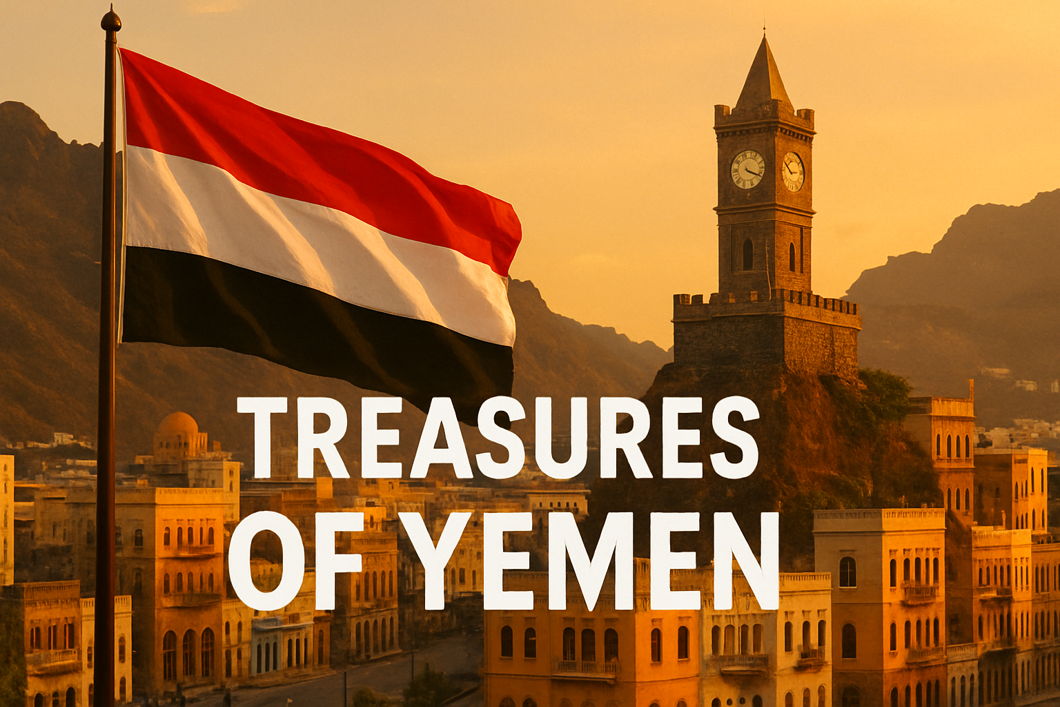 Yemeni flag Inside Treasures of Yemen In the background in Aden in front of Aden clock 
